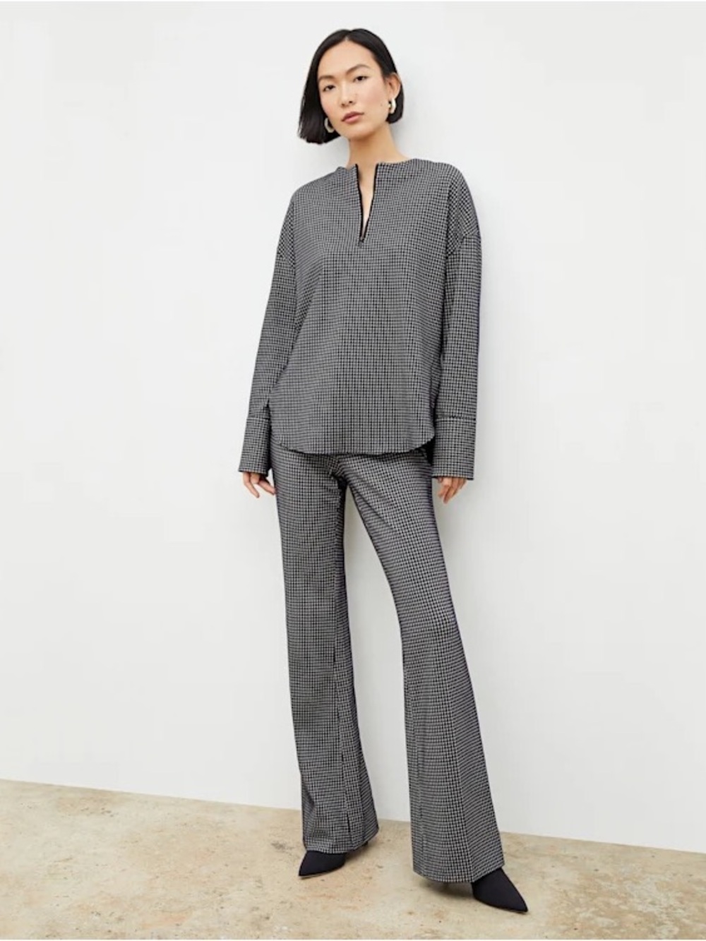 MM LaFleur Horton 1.0 Flare Trouser Pants Stretch Houndstooth in Black and White